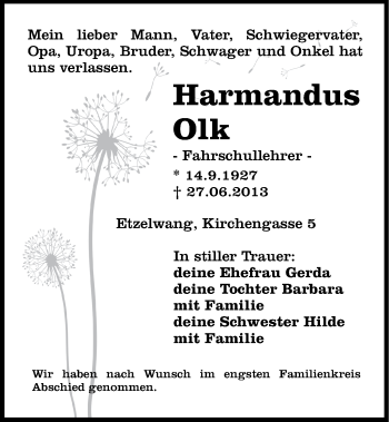 Traueranzeige von Harmandus Olk von Hersbrucker Zeitung