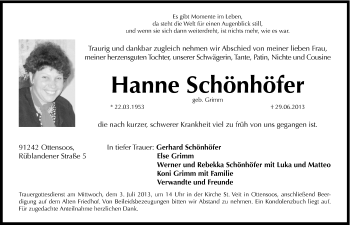 Traueranzeige von Hanne Schönhöfer von Hersbrucker Zeitung