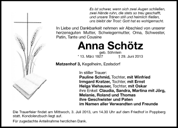 Traueranzeige von Anna Schötz von Hersbrucker Zeitung