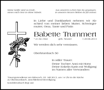 Traueranzeige von Babette Trummert von Hersbrucker Zeitung