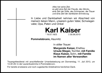 Traueranzeige von Karl Kaiser von Hersbrucker Zeitung