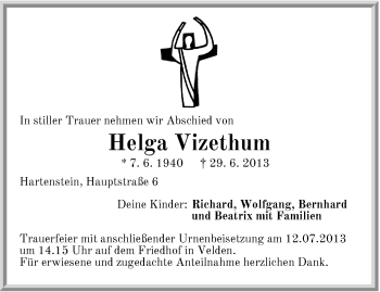 Traueranzeige von Helga Vizethum von Hersbrucker Zeitung