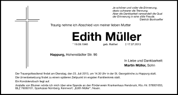 Traueranzeige von Edith Müller von Hersbrucker Zeitung