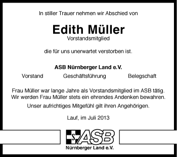 Traueranzeige von Edith Müller von Hersbrucker Zeitung