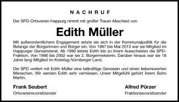Traueranzeige von Edith Müller von Hersbrucker Zeitung