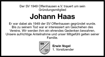 Traueranzeige von Johann Haas von Hersbrucker Zeitung