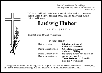 Traueranzeige von Ludwig Huber von Hersbrucker Zeitung