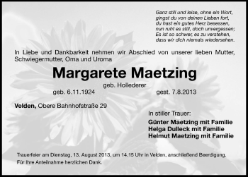 Traueranzeige von Margarete Maetzing von Hersbrucker Zeitung