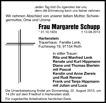 Traueranzeige von Margarete Schupp von Hersbrucker Zeitung