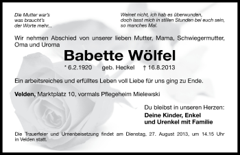 Traueranzeige von Babette Wölfel von Hersbrucker Zeitung