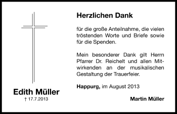 Traueranzeige von Edith Müller von Hersbrucker Zeitung