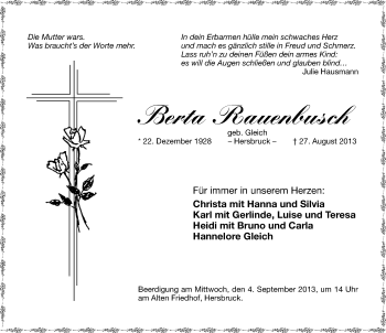 Traueranzeige von Berta Rauenbusch von Hersbrucker Zeitung