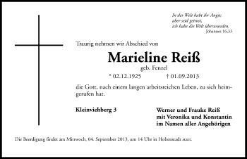 Traueranzeige von Marieline Reiß von Hersbrucker Zeitung
