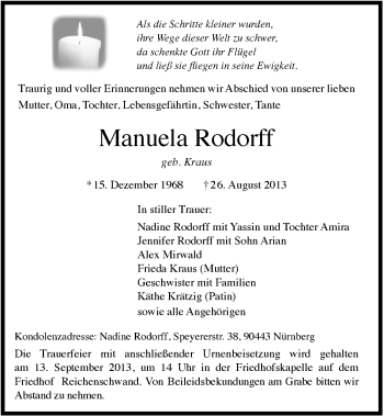 Traueranzeige von Manuela Rodorff von Hersbrucker Zeitung