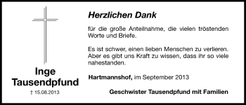 Traueranzeige von Inge Tausendpfund von Hersbrucker Zeitung