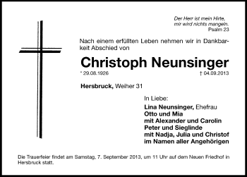 Traueranzeige von Christoph Neunsinger von Hersbrucker Zeitung