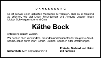 Traueranzeige von Käthe Bock von Hersbrucker Zeitung
