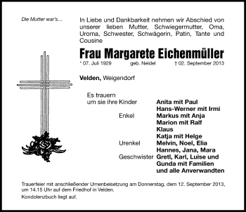 Traueranzeige von Margarete Eichenmüller von Hersbrucker Zeitung