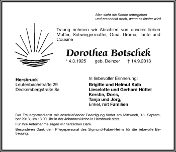 Traueranzeige von Dorothea Botschek von Hersbrucker Zeitung