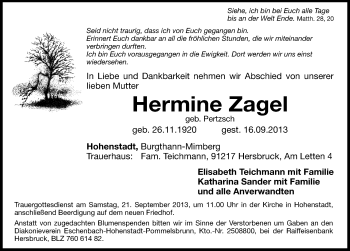 Traueranzeige von Hermine Zagel von Hersbrucker Zeitung