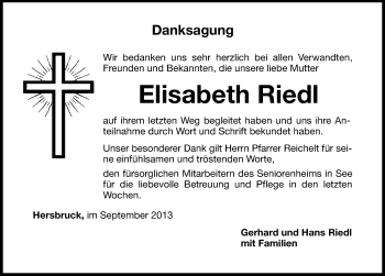 Traueranzeige von Elisabeth Riedl von Hersbrucker Zeitung