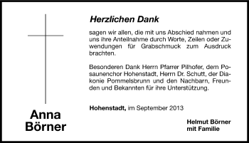 Traueranzeige von Anna Börner von Hersbrucker Zeitung