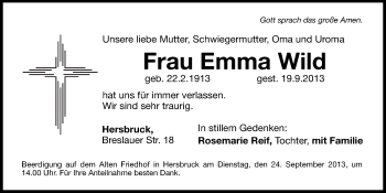 Traueranzeige von Emma Wild von Hersbrucker Zeitung