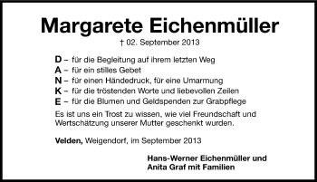 Traueranzeige von Margarete Eichenmüller von Hersbrucker Zeitung