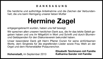 Traueranzeige von Hermine Zagel von Hersbrucker Zeitung