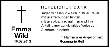 Traueranzeige von Emma Wild von Hersbrucker Zeitung