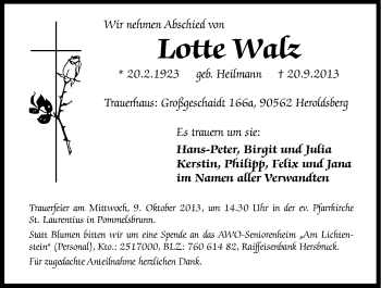 Traueranzeige von Lotte Walz von Hersbrucker Zeitung