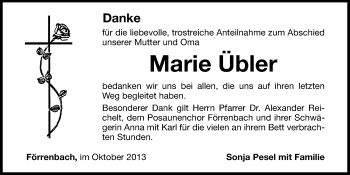 Traueranzeige von Marie Übler von Hersbrucker Zeitung