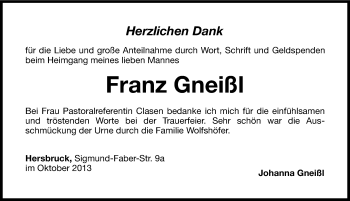 Traueranzeige von Franz Gneißl von Hersbrucker Zeitung