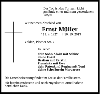 Traueranzeige von Ernst Müller von Hersbrucker Zeitung
