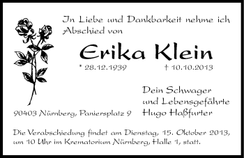 Traueranzeige von Erika Klein von Hersbrucker Zeitung
