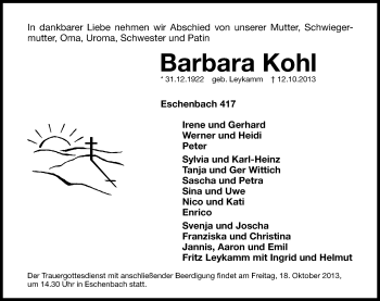 Traueranzeige von Barbara Kohl von Hersbrucker Zeitung