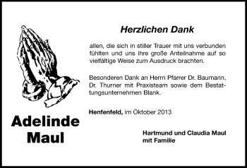 Traueranzeige von Adelinde Maul von Hersbrucker Zeitung