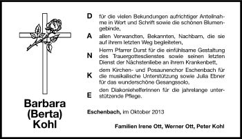 Traueranzeige von Barbara Kohl von Hersbrucker Zeitung
