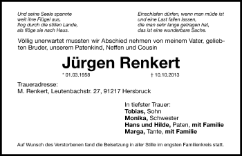 Traueranzeige von Jürgen Renkert von Hersbrucker Zeitung