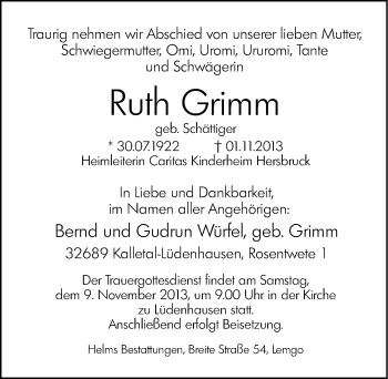 Traueranzeige von Ruth Grimm von Hersbrucker Zeitung