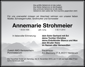 Traueranzeige von Annemarie Strohmeier von Hersbrucker Zeitung
