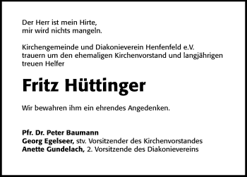 Traueranzeige von Fritz Hüttinger von Hersbrucker Zeitung