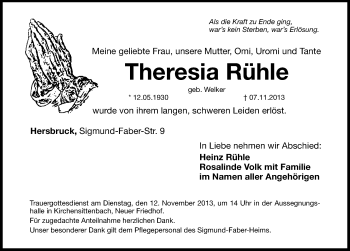 Traueranzeige von Theresia Rühle von Hersbrucker Zeitung