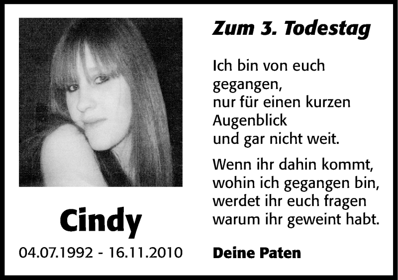  Traueranzeige für Cindy Schulz vom 16.11.2013 aus Hersbrucker Zeitung