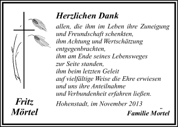 Traueranzeige von Fritz Mörtel von Hersbrucker Zeitung