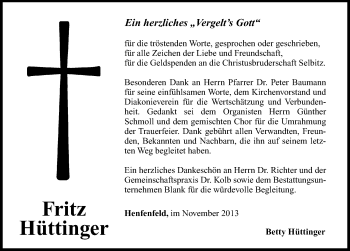 Traueranzeige von Fritz Hüttinger von Hersbrucker Zeitung