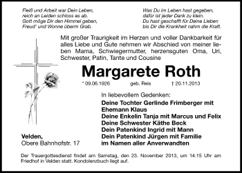 Traueranzeige von Margarete Roth von Hersbrucker Zeitung