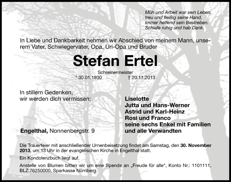  Traueranzeige für Stefan Ertel vom 23.11.2013 aus Hersbrucker Zeitung