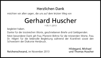 Traueranzeige von Gerhard Huscher von Hersbrucker Zeitung