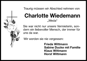 Traueranzeige von Charlotte Wiedemann von Hersbrucker Zeitung